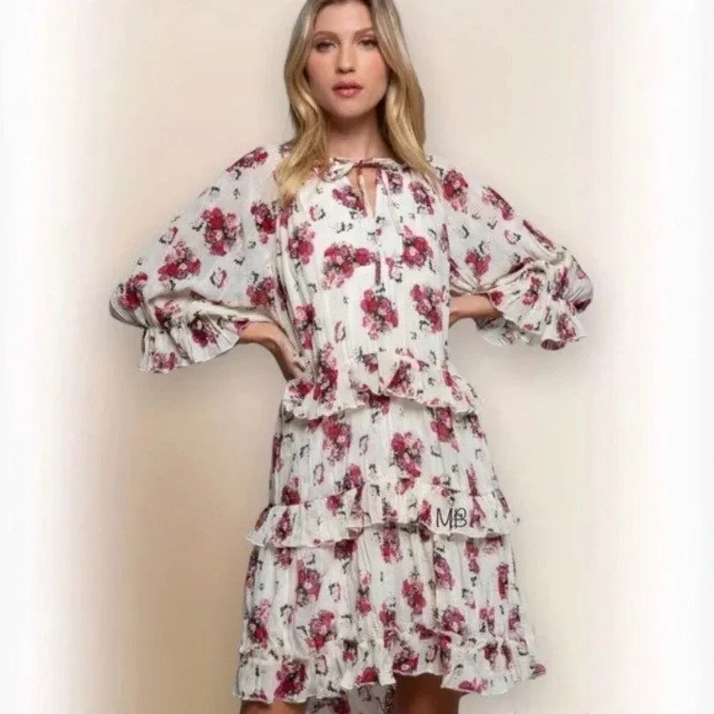 POL Floral Print Tiered Ruffle Trim Hem Mini Dress Large - Picture 1 of 9